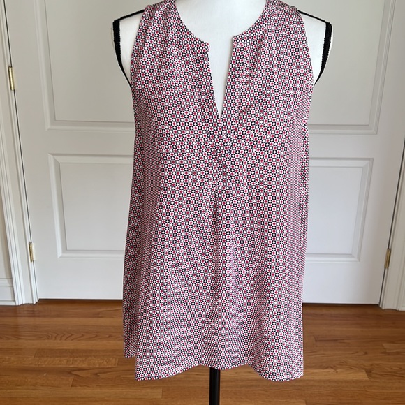 Joie silk print cutaway shoulder blouse. Delicate print in navy, white & red - Picture 2 of 8